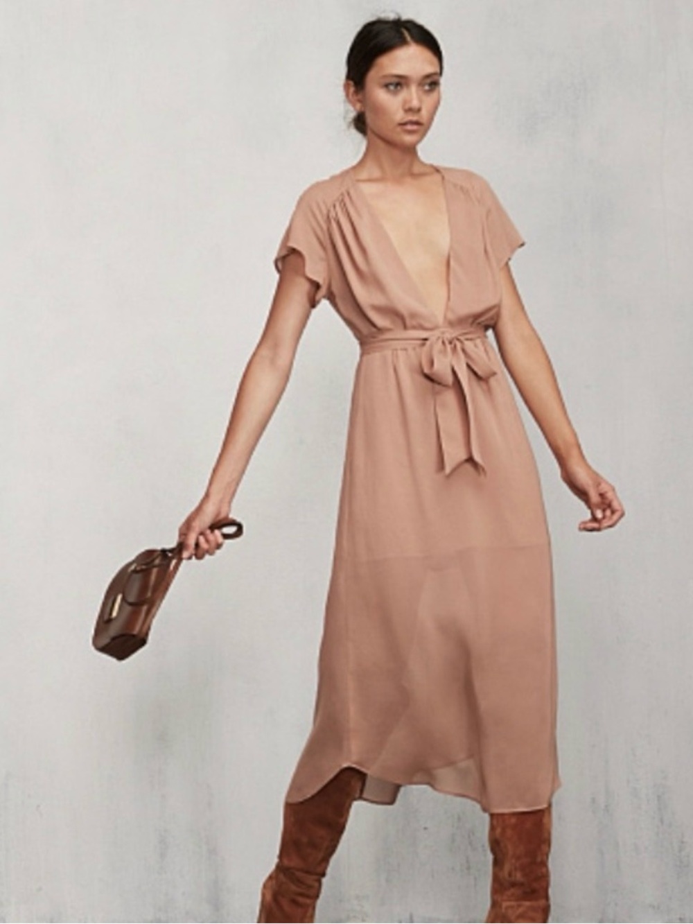 Reformation Women’s Taupe V-Neck Tie-Waist Midi Dress